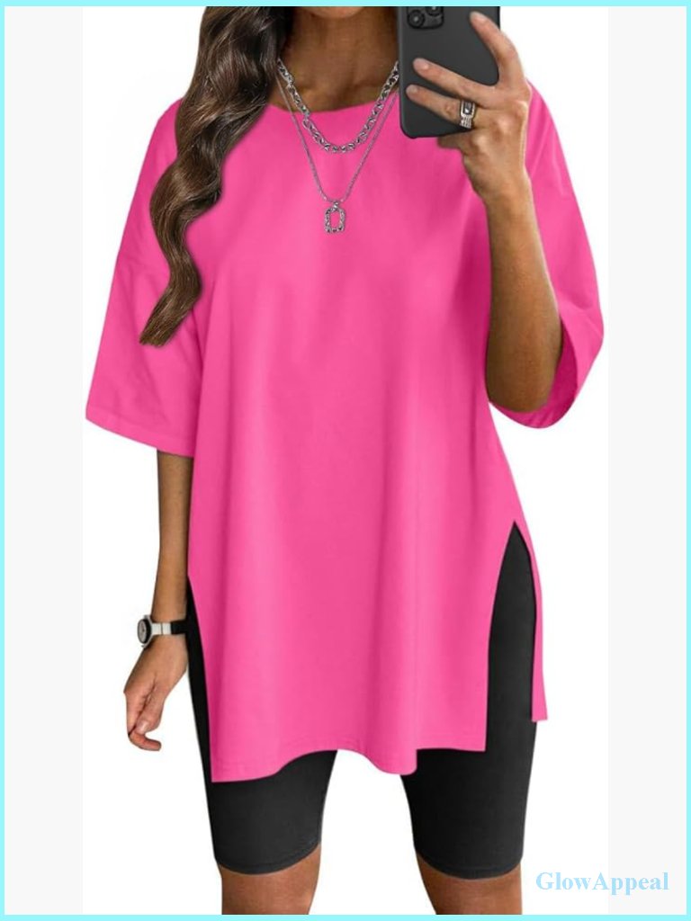 Oversized Short Sleeve Crew Neck T Shirt Split Hem Casual Workout Top